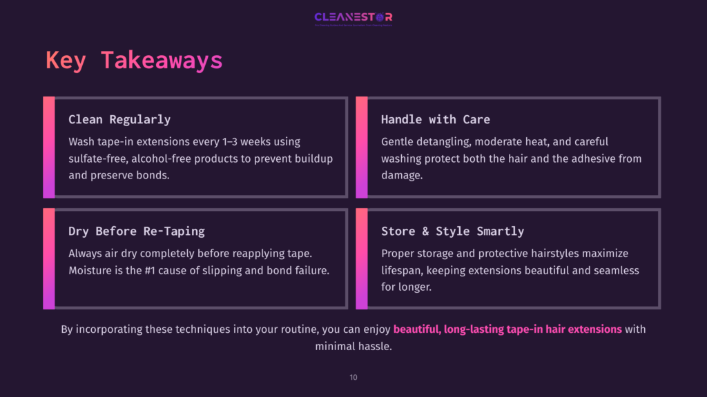 10 Key Takeaways 94 Infographic With Four Key Takeaways For Tape-In Hair Extension Care: Clean Regularly, Handle With Care, Dry Before Re-Taping, And Store &Amp; Style Smartly. The Text Emphasizes Proper Washing, Detangling, Drying, And Storage To Maintain Hair Extension Quality.