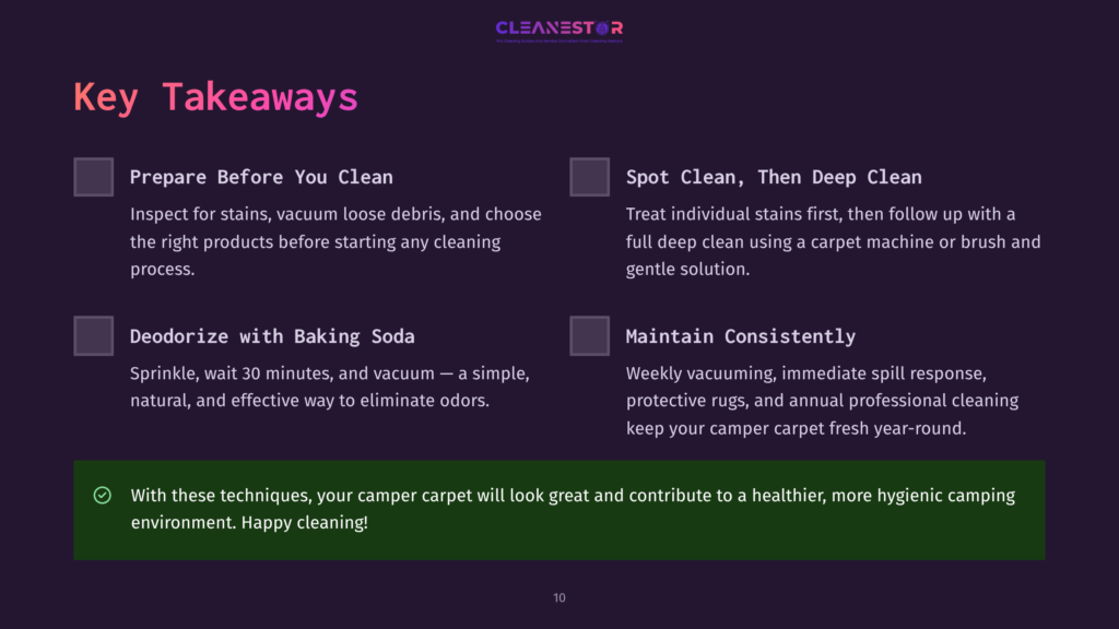 Key Takeaways For Cleaning A Camper Carpet: Prepare Before You Clean, Spot Clean Then Deep Clean, Deodorize With Baking Soda, And Maintain Consistently. Text Highlights Tips For A Healthier, More Hygienic Camper Environment.