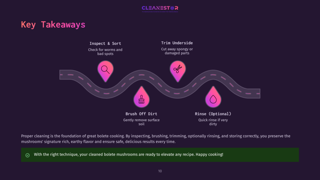Infographic Illustrating The Key Takeaways For Cleaning Bolete Mushrooms: Inspect &Amp; Sort, Trim Underside, Brush Off Dirt, And Rinse (Optional), With A Winding Road Graphic.
