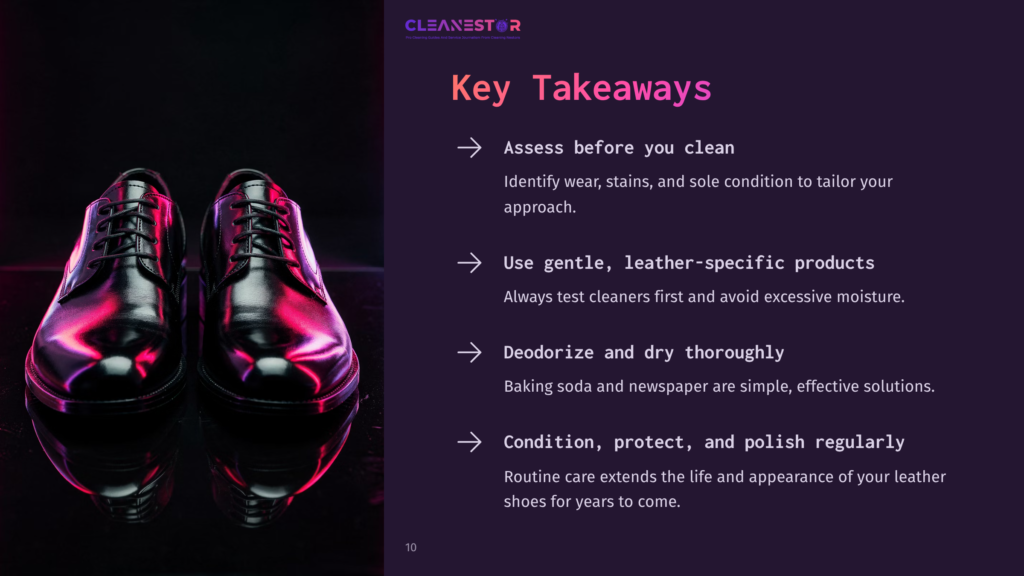Shiny Black Leather Dress Shoes Reflecting Pink And Purple Light, With A Text Overlay Titled &Quot;Key Takeaways&Quot; And Bullet Points On Shoe Care.