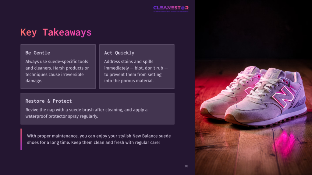Two Light Pink Suede New Balance Sneakers Rest On A Dark Wooden Floor With Vibrant Pink And Purple Lighting. The Text &Quot;Cleanestor&Quot; Is Visible At The Top.