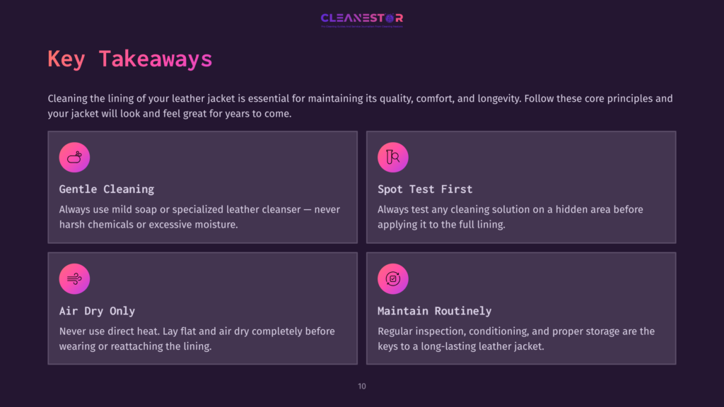 Key Takeaways For Cleaning A Leather Jacket Lining: Gentle Cleaning, Spot Test First, Air Dry Only, And Maintain Routinely. The Image Displays These Four Key Points In A Purple-Toned Graphic With Icons.