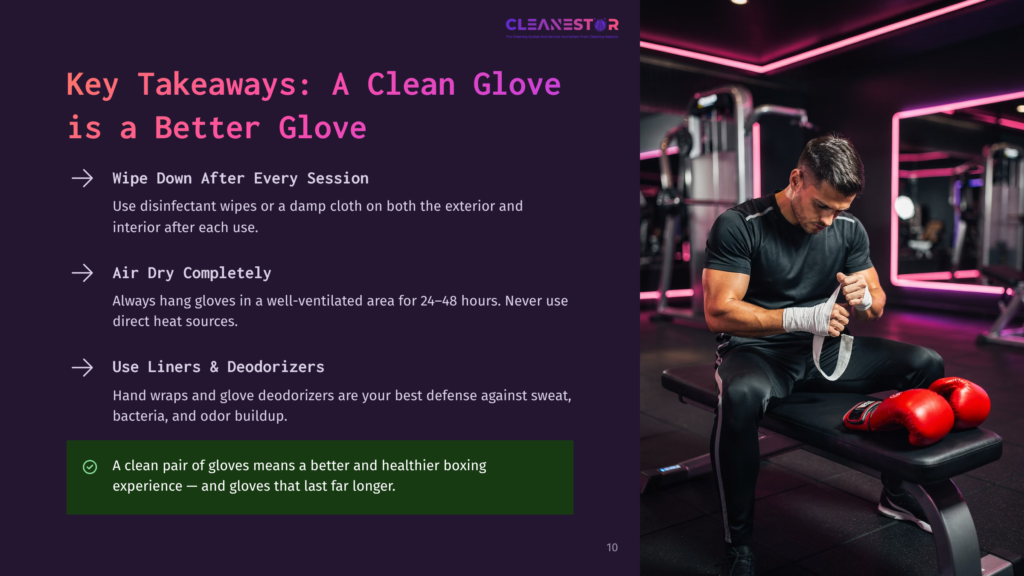 A Male Boxer Wraps His Hands With White Tape In A Gym, Sitting On A Bench Next To Red Boxing Gloves. Text On The Left Highlights Key Takeaways For Maintaining Boxing Gloves: Wipe Down After Every Session, Air Dry Completely, And Use Liners &Amp; Deodorizers.