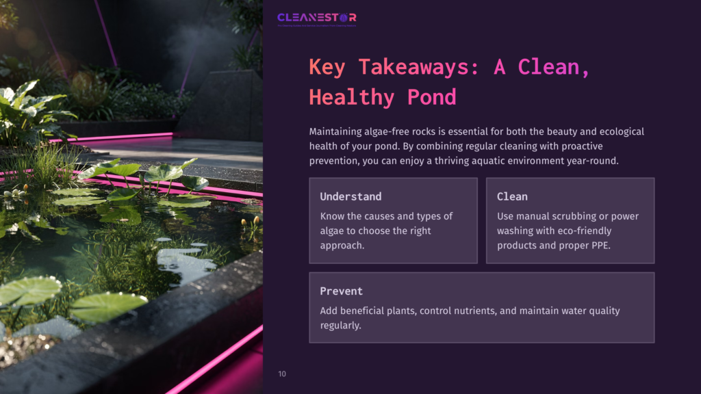 A Serene Pond With Clear Water And Green Rocks, Highlighted By Vibrant Pink Lighting. Text Block On The Right Outlines Care Tips For Pond Health.