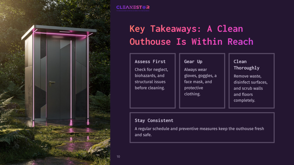 A Modern, Brightly Lit Outhouse Stands Amid Greenery, With Instructional Text Highlighting Key Cleaning Tips Alongside A Dark Background.