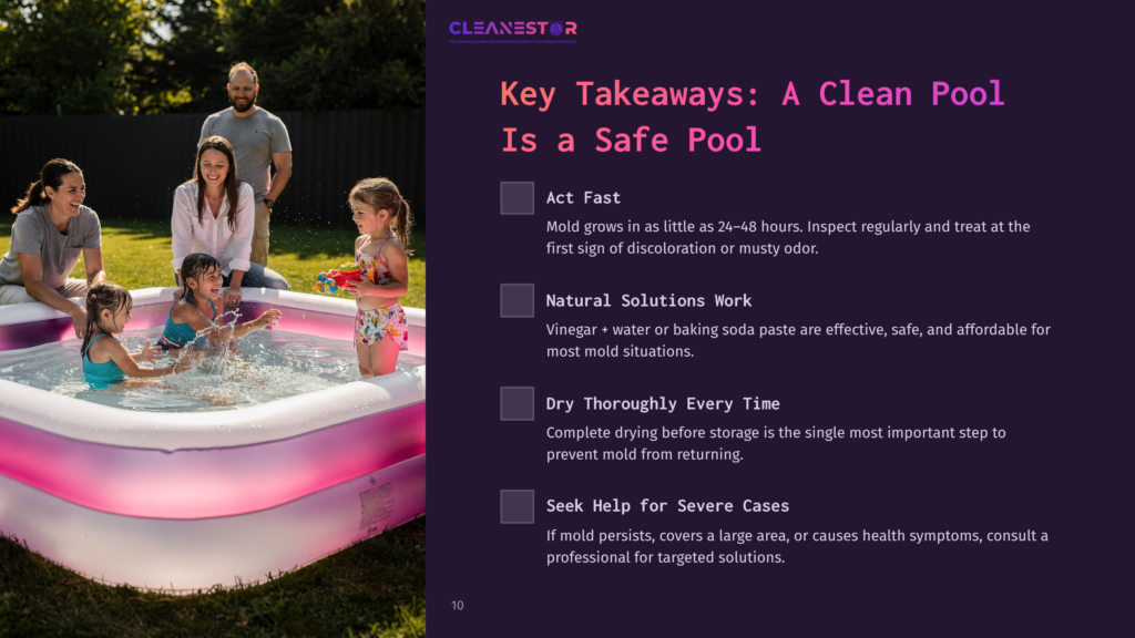 10 Key Takeaways A Clean Pool Is A Safe Pool A Family Enjoys A Sunny Day Playing In A Colorful Inflatable Pool In A Backyard. The Text Overlay Features &Quot;Cleanestor&Quot; And &Quot;Key Takeaways: A Clean Pool Is A Safe Pool.