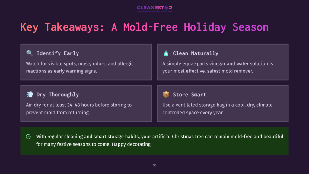 Infographic Titled &Quot;Key Takeaways: A Mold-Free Holiday Season&Quot; With Four Sections: Identify Early, Clean Naturally, Dry Thoroughly, And Store Smart, Offering Tips For Preventing Mold On Artificial Christmas Trees.