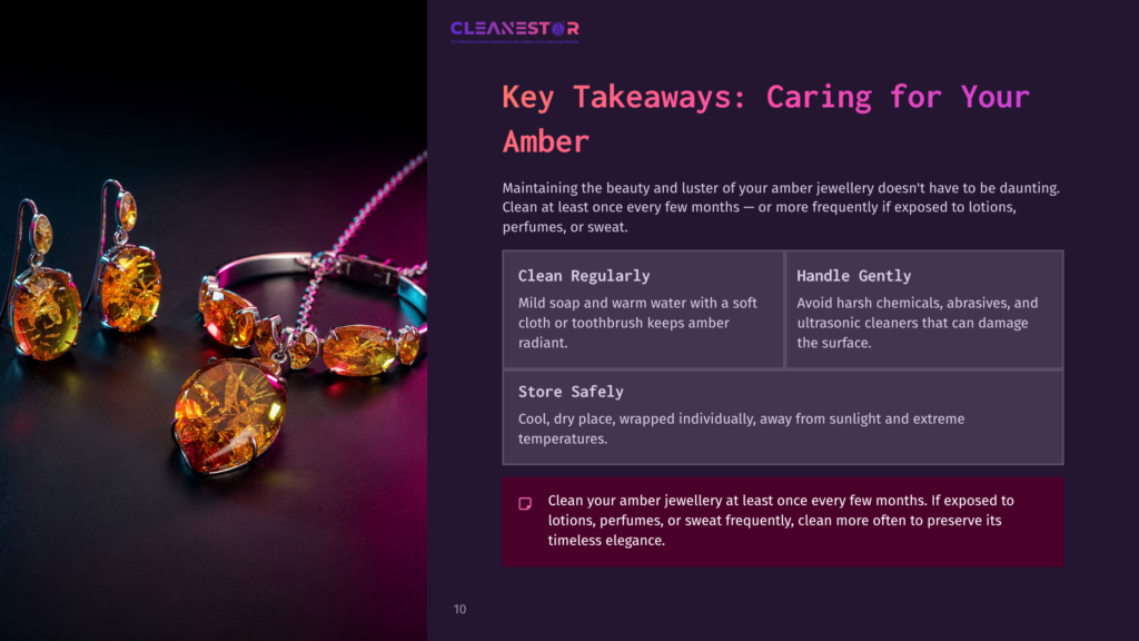 Amber Jewelry Including A Necklace And Earrings, Displayed On A Dark Surface With Tips On Care In A Purple And Pink Layout.