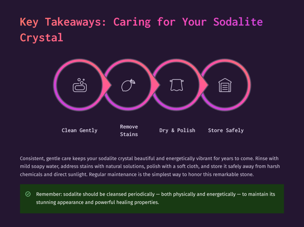 10 Key Takeaways Caring For Your Sodalite Crystal Infographic Detailing How To Care For Sodalite Crystals: Clean Gently, Remove Stains, Dry And Polish, And Store Safely. The Text Highlights Consistent, Gentle Care And Periodic Cleansing.