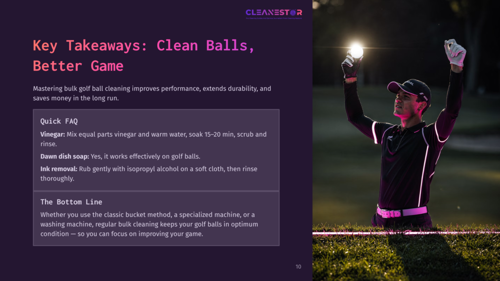 10 Key Takeaways Clean Balls Better Game Golfer In Black And White Uniform, Holding A Bright Golf Ball In His Raised Hand, Celebrating On A Green Golf Course With A Bright Spotlight Shining On Him. Text Overlay: &Quot;Cleanestor&Quot;.