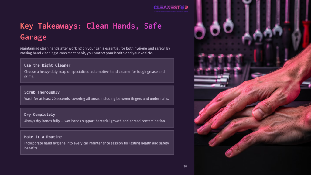 Close-Up Of A Man'S Hands Being Washed After Car Maintenance, With Text Overlay Detailing &Quot;Key Takeaways: Clean Hands, Safe Garage&Quot; And Steps Like &Quot;Use The Right Cleaner&Quot; And &Quot;Scrub Thoroughly.