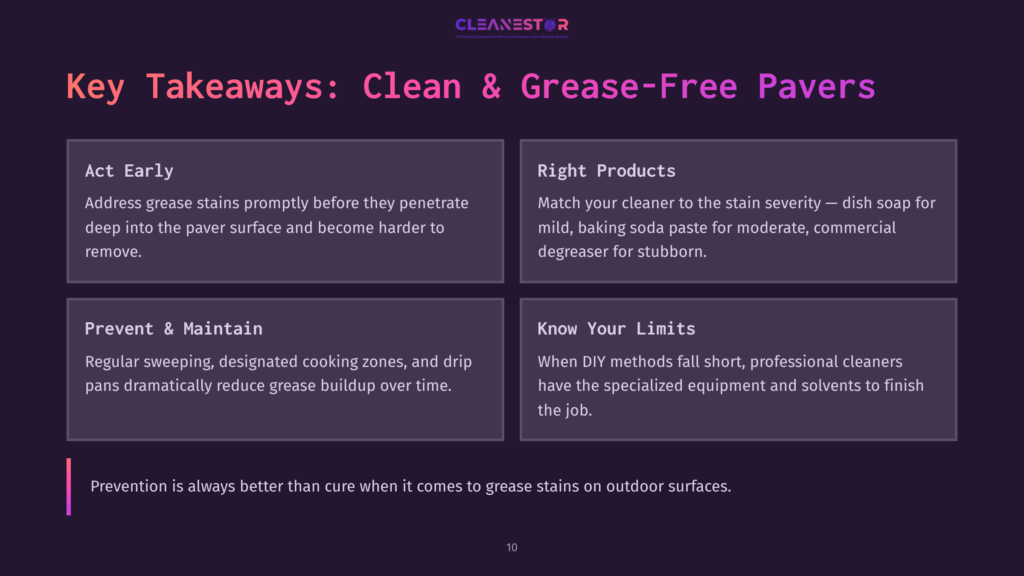 10 Key Takeaways Clean And Grease Free Pavers Key Takeaways For Clean &Amp; Grease-Free Pavers: Act Early, Right Products, Prevent &Amp; Maintain, Know Your Limits. Prevention Is Always Better Than Cure.