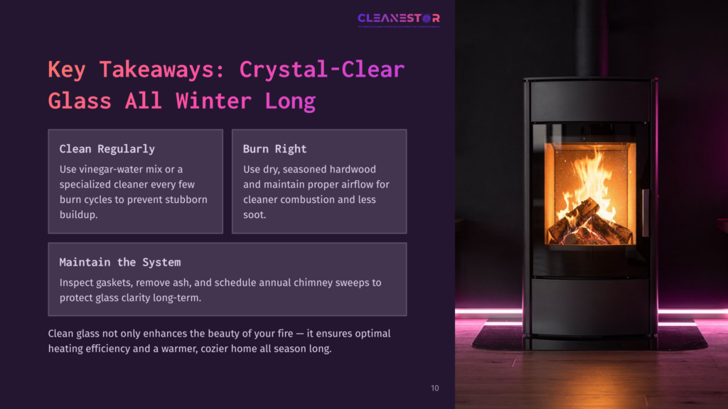 A Modern, Black Wood-Burning Stove With A Glowing Fire Inside, Set Against A Dark Background With Pink Led Lighting. Text On The Left Discusses Cleaning And Burning Tips For Crystal-Clear Glass.