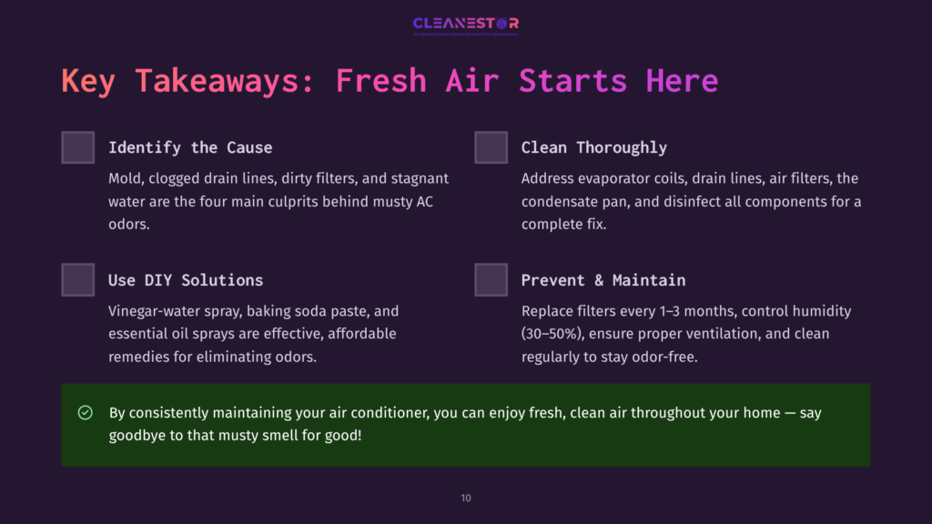 Key Takeaways For Fresh Air: Identify The Cause Of Musty Ac Odors, Use Diy Solutions Like Vinegar Spray, Clean Thoroughly By Addressing Evaporator Coils And Filters, And Prevent Issues By Replacing Filters And Ensuring Proper Ventilation.
