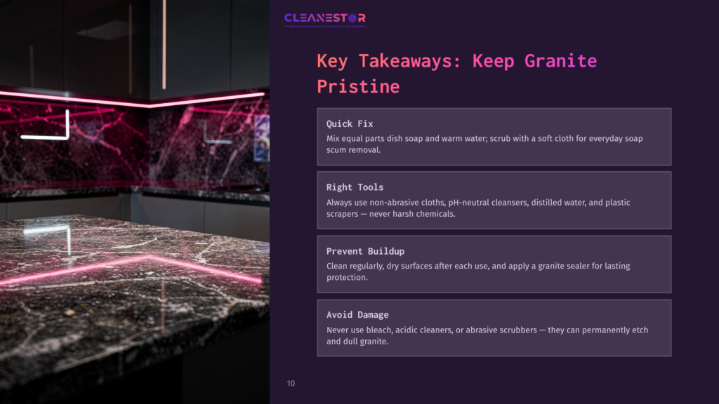 A Sleek, Modern Kitchen Countertop With A Dark, Veined Granite Surface Illuminated By Vibrant Pink Neon Lights. The Text &Quot;Cleanestor&Quot; And &Quot;Key Takeaways: Keep Granite Pristine&Quot; Is Visible On The Right.
