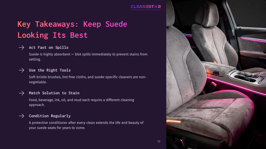 Luxurious, Light-Colored Suede Car Seats Illuminated By Pink And Orange Ambient Lighting. The Image Displays Text With The Title &Quot;Cleanestor&Quot; And Key Takeaways Like &Quot;Keep Suede Looking Its Best.