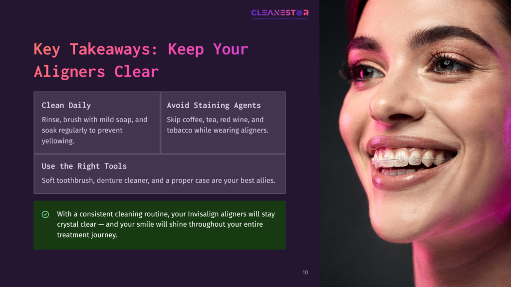 Close-Up Of A Young Woman Smiling With Clear Aligners On Her Teeth, With Text Overlay On The Left About &Quot;Key Takeaways: Keep Your Aligners Clear&Quot; And Cleaning Tips.