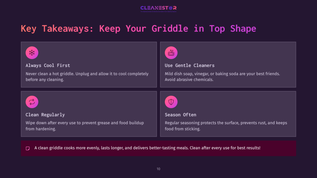 Four Colorful Boxes On A Dark Background Highlighting Tips For Maintaining A Griddle, Featuring Icons For Cooling, Cleaning, And Seasoning.