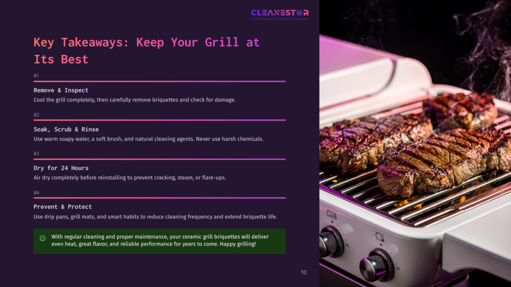 Close-Up Of Perfectly Grilled Steaks On A White Grill, With Wisps Of Smoke Rising. The Image Is Next To Text About Keeping Grills Clean And Maintaining Them For Great Flavor.