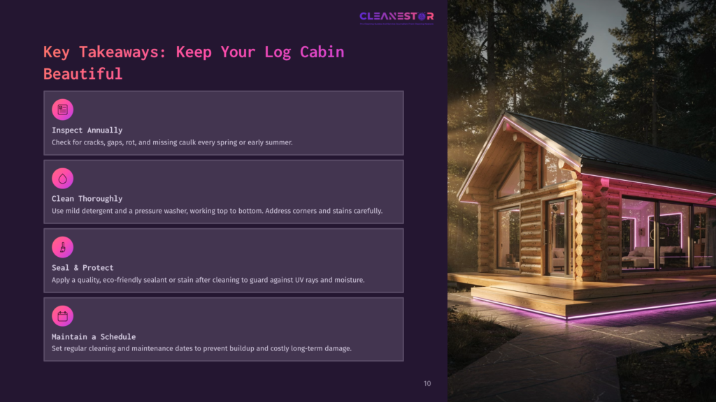 10 Key Takeaways Keep Your Log Cabin Beautiful A Modern, Illuminated Log Cabin With Large Windows And A Wooden Deck, Set Against A Dark Forest Background. Text Overlay Provides Tips For Maintaining A Log Cabin.