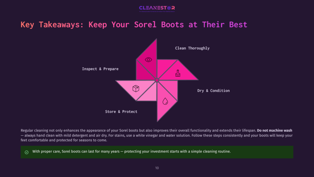 10 Key Takeaways Keep Your Sorel Boots At Their Best Diagram Illustrating How To Clean And Care For Sorel Boots, Featuring A Pinwheel Design With Sections For &Quot;Inspect &Amp; Prepare,&Quot; &Quot;Clean Thoroughly,&Quot; &Quot;Dry &Amp; Condition,&Quot; And &Quot;Store &Amp; Protect.&Quot; Key Takeaways Emphasize Proper Cleaning For Longevity.