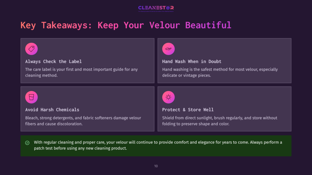 10 Key Takeaways Keep Your Velour Beautiful Key Takeaways: Keep Your Velour Beautiful. Icons And Text Highlight Cleaning Tips: Check Label, Hand Wash, Avoid Harsh Chemicals, And Protect &Amp; Store Well. Includes A Tip About Patch Testing.