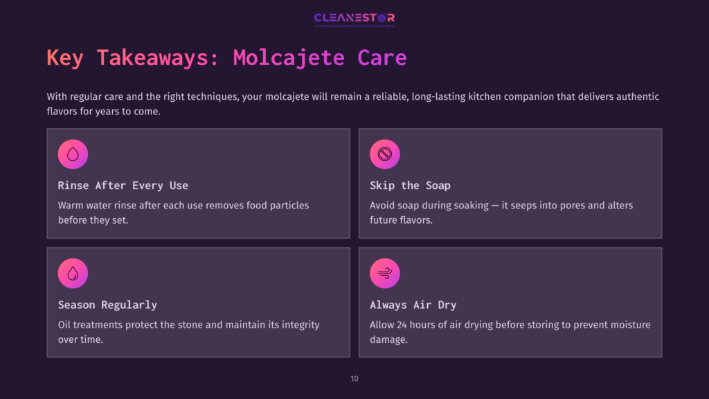 Four Key Takeaways On Molcajete Care, Featuring Pink Icons And White Text On A Dark Background, With A Clean, Modern Layout.