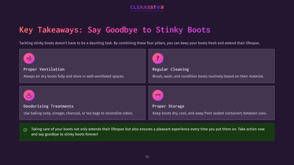 Infographic Titled &Quot;Key Takeaways: Say Goodbye To Stinky Boots&Quot; Outlining Four Pillars: Proper Ventilation, Regular Cleaning, Deodorizing Treatments, And Proper Storage, With Icons And Brief Descriptions For Each.