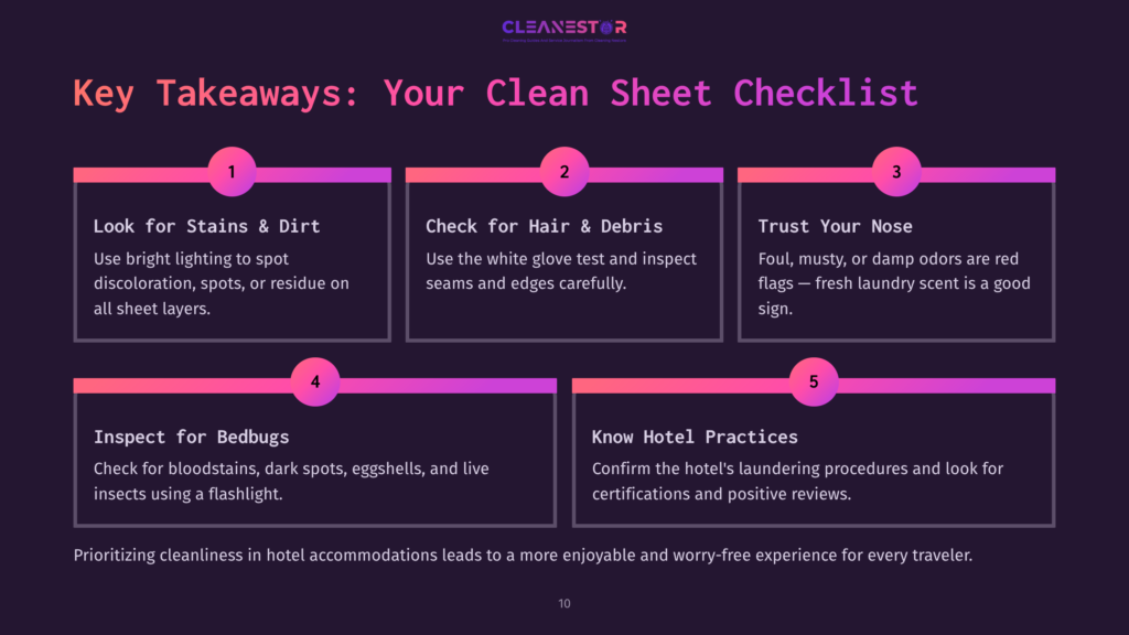 10 Key Takeaways Your Clean Sheet Checklist Infographic Titled &Quot;Key Takeaways: Your Clean Sheet Checklist&Quot; With 5 Numbered Sections Detailing How To Check For Stains, Hair, Odors, Bedbugs, And Hotel Practices For Clean Accommodations.