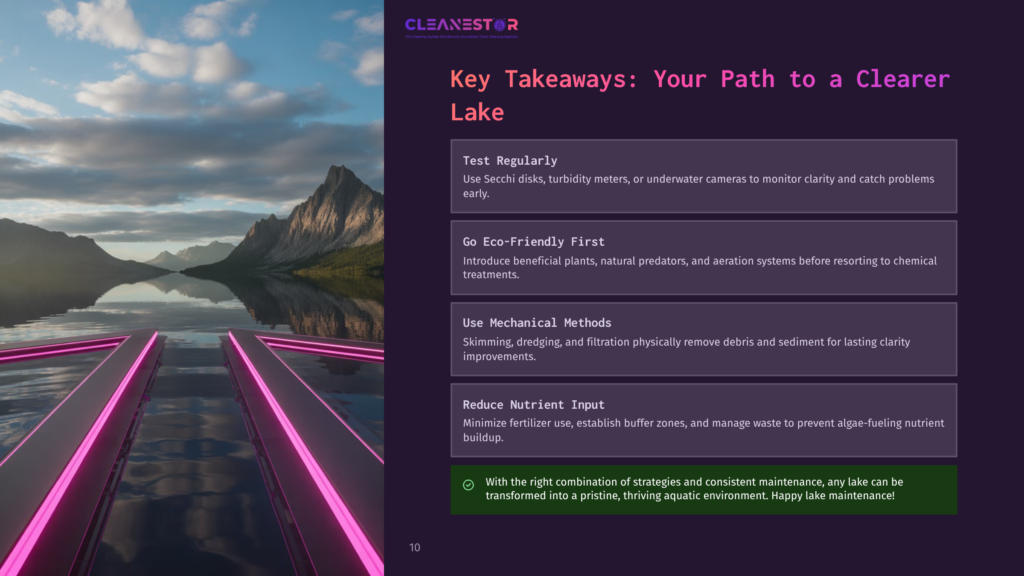 Cleanestor Logo Above Text &Quot;Key Takeaways: Your Path To A Clearer Lake&Quot; With Bullet Points On Lake Maintenance, Set Against A Scenic Lake And Mountain Landscape.