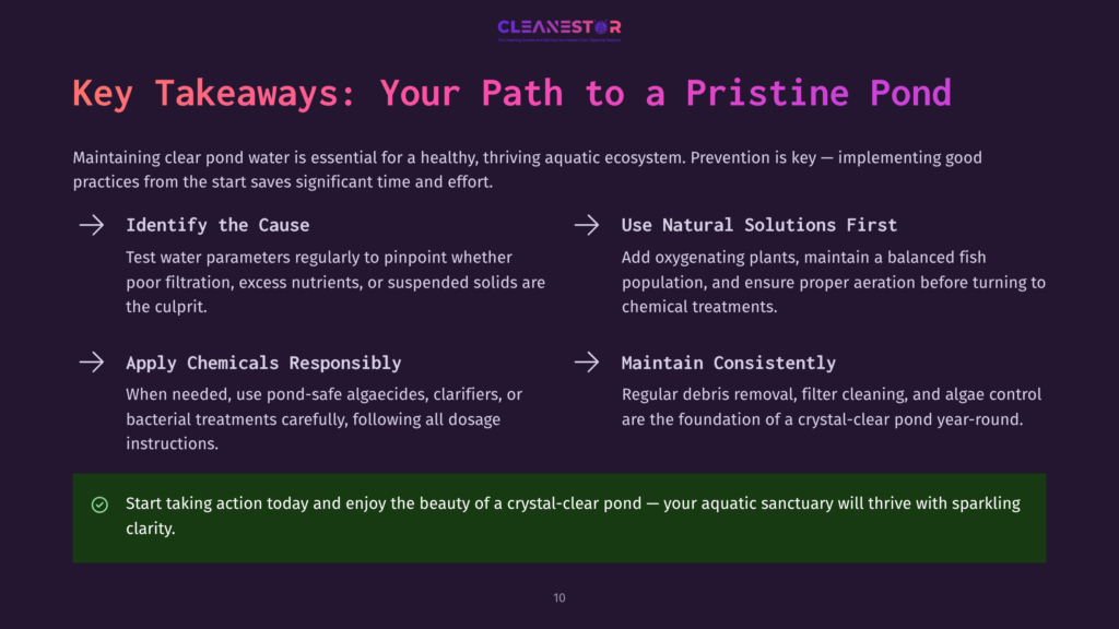 Cleanestor Logo And Text: &Quot;Key Takeaways: Your Path To A Pristine Pond&Quot; With Four Key Points For Pond Maintenance: Identify The Cause, Use Natural Solutions First, Apply Chemicals Responsibly, And Maintain Consistently. A Green Checkmark Highlights &Quot;Start Taking Action Today And Enjoy The Beauty Of A Crystal-Clear Pond - Your Aquatic Sanctuary Will Thrive With Sparkling Clarity.