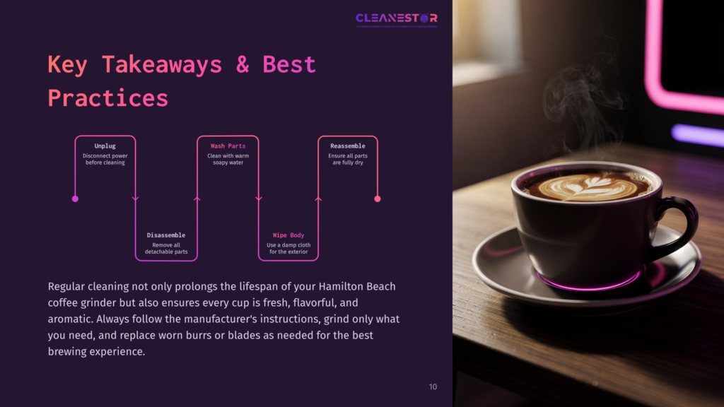 A Coffee Cup With Latte Art On A Saucer, Beside A Grinder, Highlighted Against A Dark Background With Purple Accents.