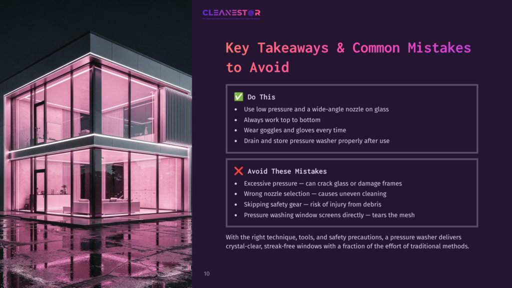 Modern Glass Building With Pink Neon Lights Reflecting On Wet Pavement. Text Overlay: &Quot;Key Takeaways &Amp; Common Mistakes To Avoid&Quot; With &Quot;Do This&Quot; And &Quot;Avoid These Mistakes&Quot; Sections.