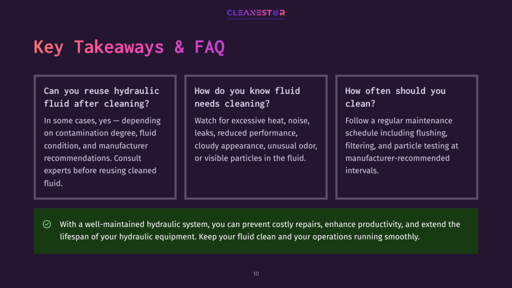 10 Key Takeaways And Faq Cleanestor Logo And Text: Key Takeaways &Amp; Faq. Three Boxes Discuss Fluid Reuse, Cleaning Needs, And Maintenance Schedules For Hydraulic Systems.