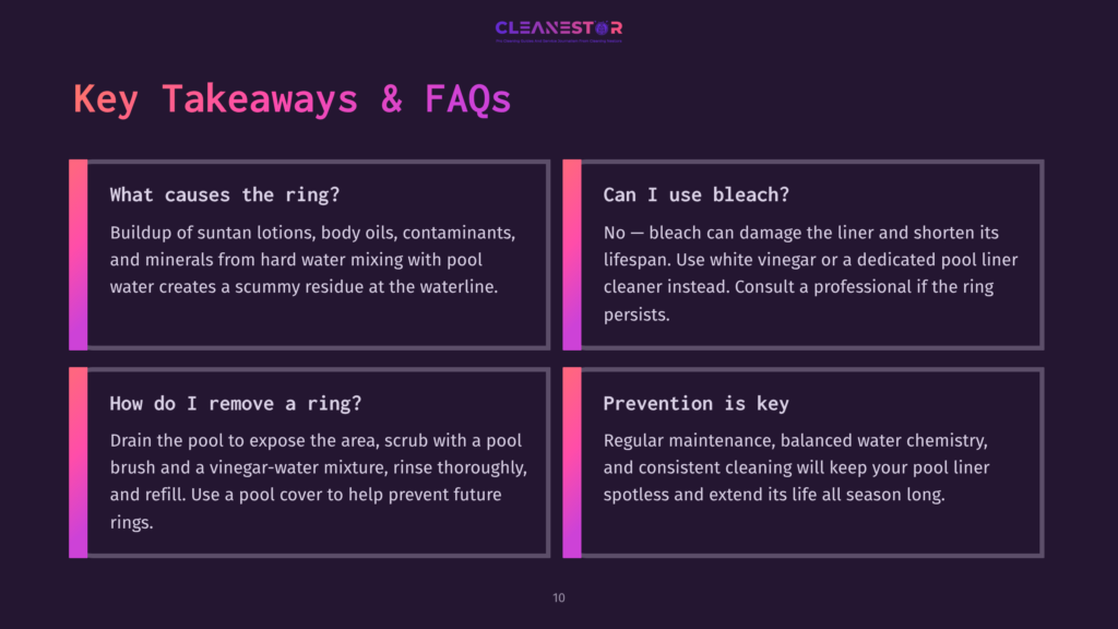 Infographic Slide Titled &Quot;Key Takeaways &Amp; Faqs&Quot; From Cleanestor, Detailing Pool Ring Causes, Removal, And Prevention, With A Section On Bleach Use.