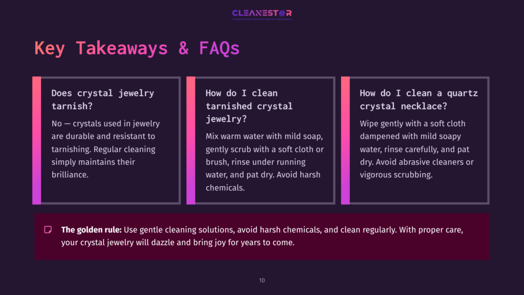 Four Sections With A Dark Purple Background, Featuring Text Boxes In Light Pink And White, Discussing Crystal Jewelry Care Tips And Faqs.