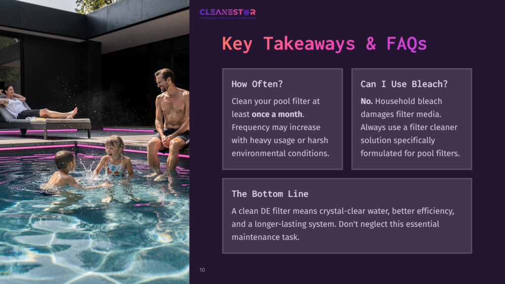 Cleanestor Logo. Key Takeaways &Amp; Faqs: How Often? Clean Your Pool Filter Monthly. Can I Use Bleach? No, Bleach Damages Filter Media. The Bottom Line: A Clean De Filter Means Crystal-Clear Water, Better Efficiency, And A Longer-Lasting System.