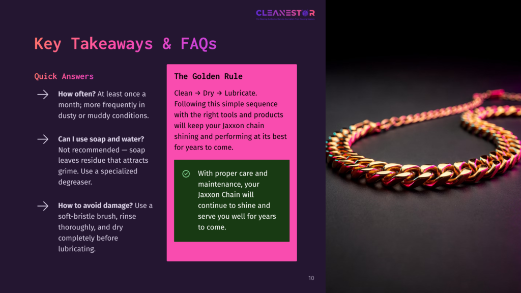10 Key Takeaways And Faqs 6 Close-Up Of A Shiny, Golden Cuban Link Chain Necklace With A Purple And Pink Gradient Background. Text On The Left Provides Cleaning Tips, With The Headline &Quot;Key Takeaways &Amp; Faqs&Quot; And &Quot;The Golden Rule&Quot; For Jaxxon Chain Maintenance.