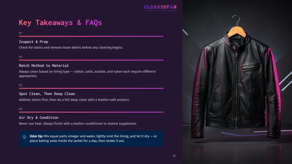 10 Key Takeaways And Faqs 8 A Black Leather Jacket Hangs On A Wooden Hanger Against A Dark Background With Purple And Pink Lighting Effects. Text On The Left Provides Cleaning Tips For Leather.