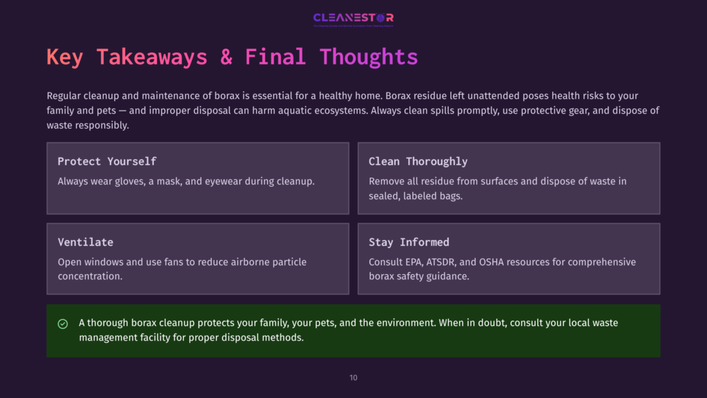 10 Key Takeaways And Final Thoughts Key Takeaways &Amp; Final Thoughts Slide From Cleanestor, Detailing Borax Cleanup: Protect Yourself, Clean Thoroughly, Ventilate, Stay Informed, With A Green Checkmark And Text About Proper Disposal.