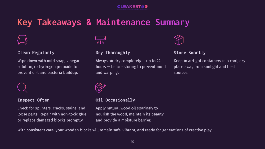 Infographic With Purple And Pink Text On A Dark Background, Detailing Key Takeaways And Maintenance For Wooden Blocks: Clean Regularly, Dry Thoroughly, Store Smartly, Inspect Often, And Oil Occasionally.