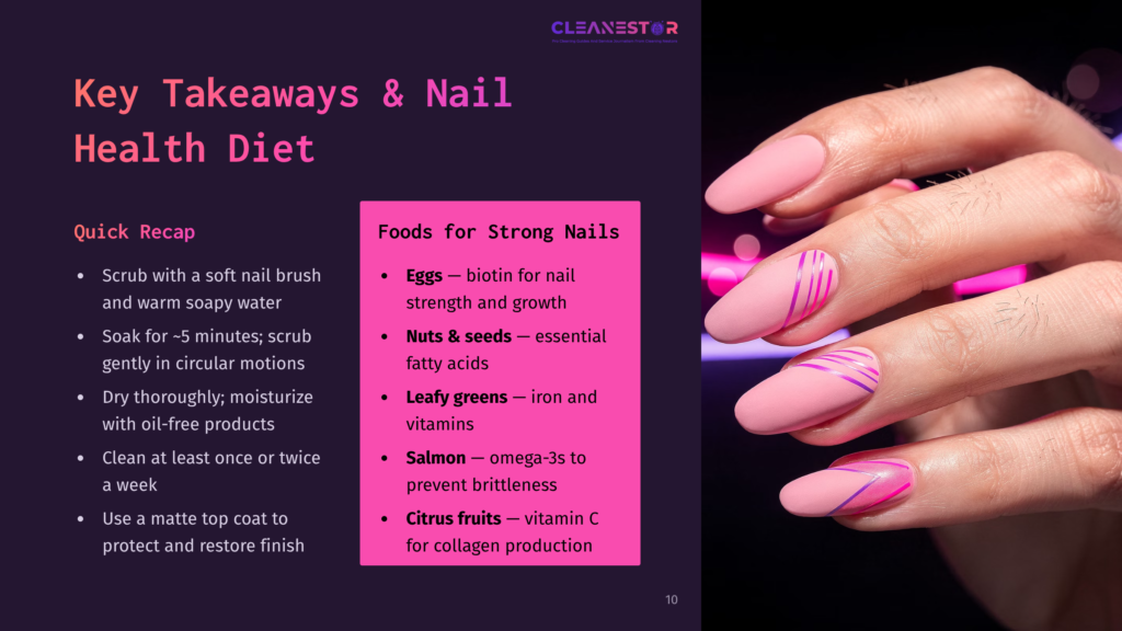10 Key Takeaways And Nail Health Diet Close-Up Of A Hand With Perfectly Manicured, Pastel Pink Almond-Shaped Nails Adorned With Diagonal Pink And Purple Stripes. The Nails Are Clean And Healthy-Looking, Suggesting Good Nail Health And Diet.