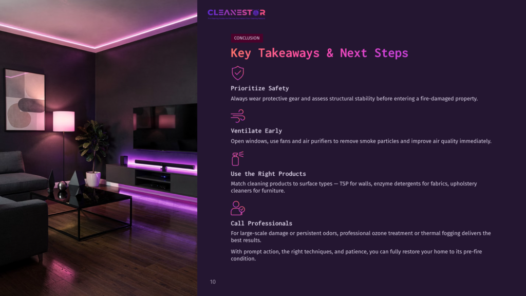 A Modern Living Room With A Dark Sofa, Glass Coffee Table, And Entertainment Center, Illuminated By Purple Led Strip Lighting. The Text &Quot;Cleanestor&Quot; And &Quot;Key Takeaways &Amp; Next Steps&Quot; Are Visible.