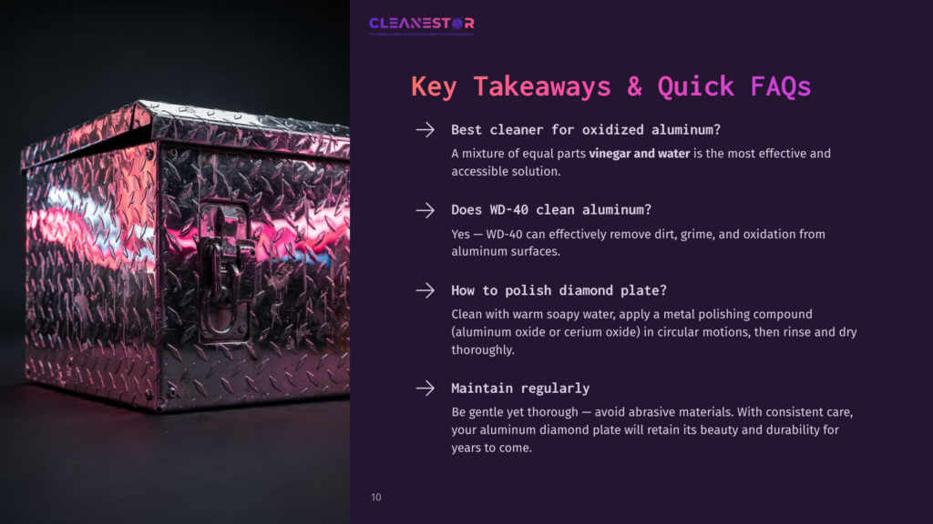 A Reflective Aluminum Storage Box With A Diamond Plate Pattern, Accompanied By Text Outlining Cleaning Tips And Faqs On A Dark Background.