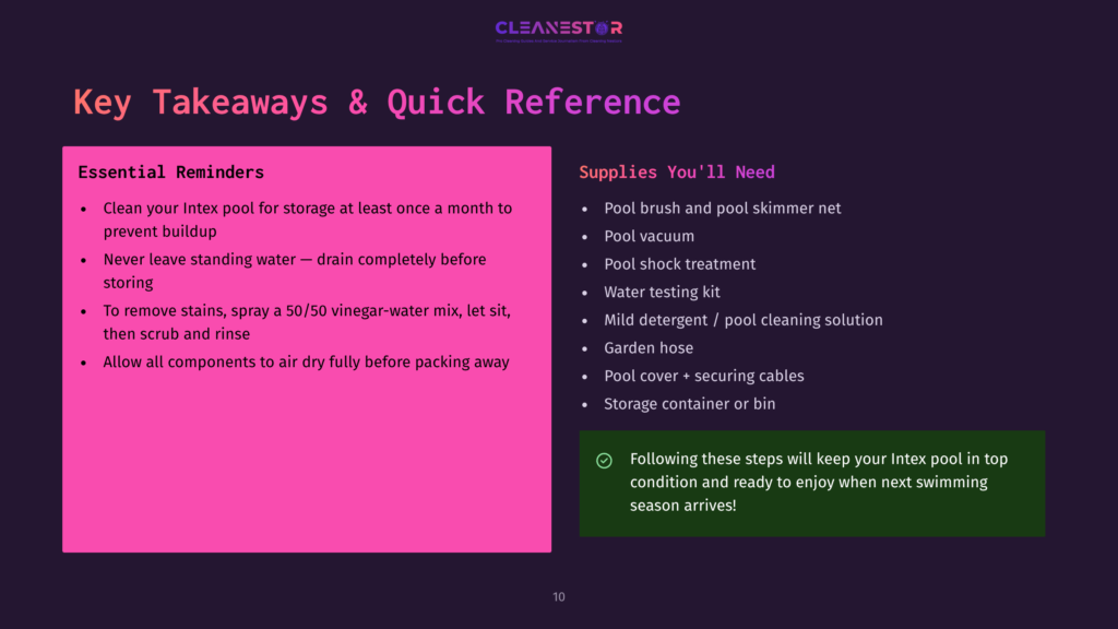 10 Key Takeaways And Quick Reference A Presentation Slide With A Dark Background Lists &Quot;Key Takeaways &Amp; Quick Reference&Quot; And &Quot;Essential Reminders&Quot; With Bullet Points About Cleaning An Intex Pool. It Also Lists &Quot;Supplies You&Amp;Apos;Ll Need&Quot; With Items Like Pool Brush, Mild Detergent, And Pool Cover.