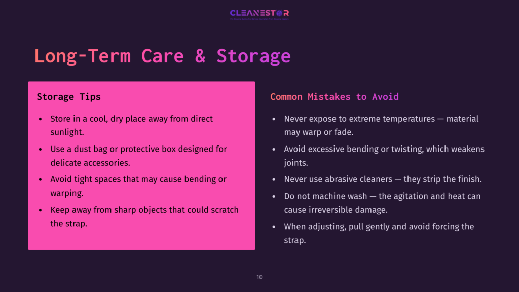 Dark Purple Slide With &Quot;Cleanestor&Quot; Logo At Top. Title &Quot;Long-Term Care &Amp; Storage&Quot; In Large White Text. Left Side Has Pink Box With &Quot;Storage Tips&Quot; And Bullet Points. Right Side Has &Quot;Common Mistakes To Avoid&Quot; In White Text With Bullet Points.