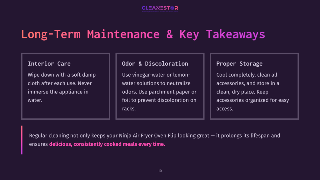 Cleanestor Logo And Text &Quot;Long-Term Maintenance &Amp; Key Takeaways&Quot; With Three Columns: &Quot;Interior Care,&Quot; &Quot;Odor &Amp; Discoloration,&Quot; And &Quot;Proper Storage,&Quot; Offering Cleaning And Maintenance Tips For Appliances.