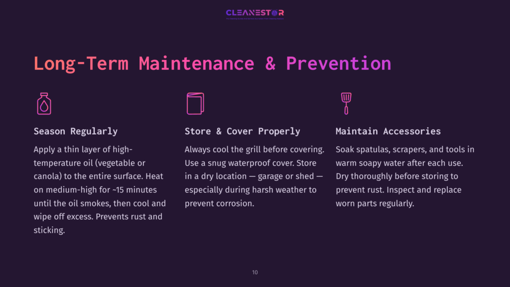 Text On A Dark Background With Purple Accents; Includes Maintenance Tips For Flat-Top Grills, Icons For Cleaning, Storage, And Tool Care.