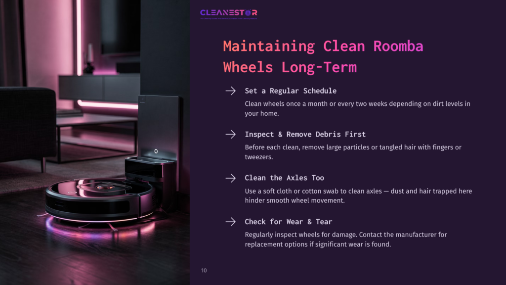 10 Maintaining Clean Roomba Wheels Long Term A Black Roomba Vacuum In A Modern Room, With Purple Lighting And A Guide On Maintaining Clean Wheels, Featuring Bullet Points On Care Tips.