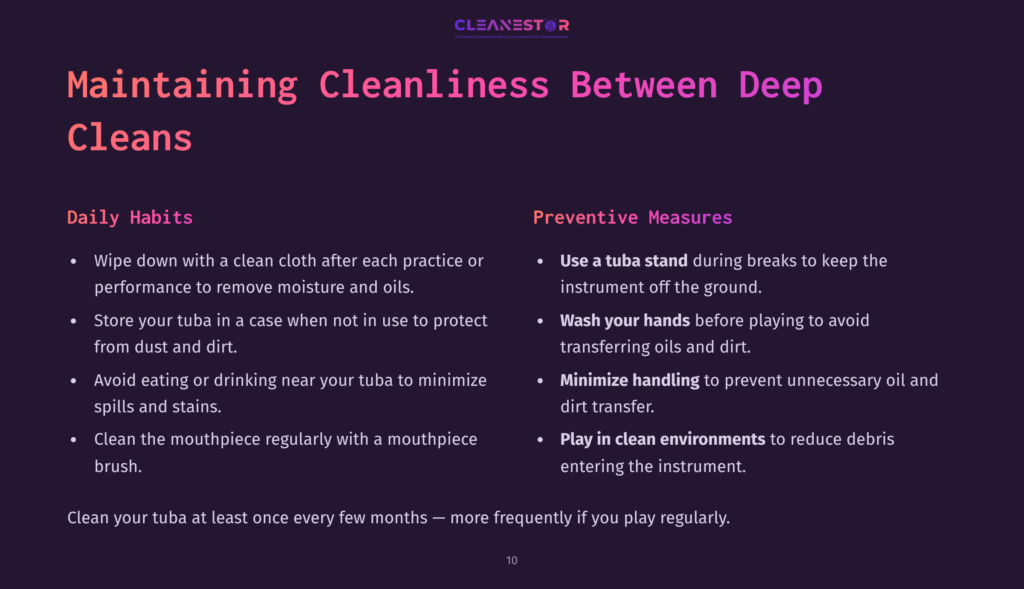 Text On A Dark Background Outlines Cleaning Tips For A Tuba, Featuring Key Sections On Daily Habits And Preventive Measures In A Clear Layout.